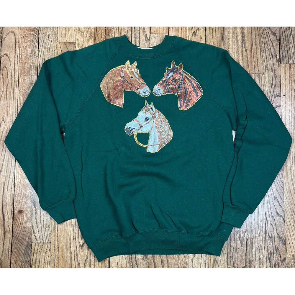 Vintage Equestrian Wild Horses Crewneck Green Sweatshirt Cowgirl Western Large
